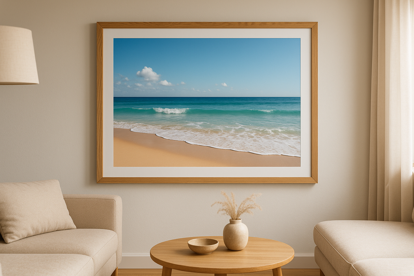 A0 print of beach framed in oak in living room