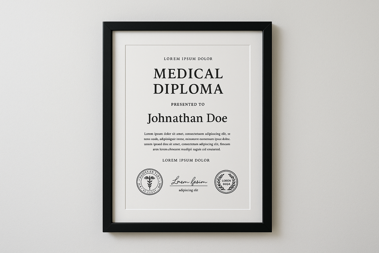 framed a4 certificate in plain black frame on wall of doctors surgery