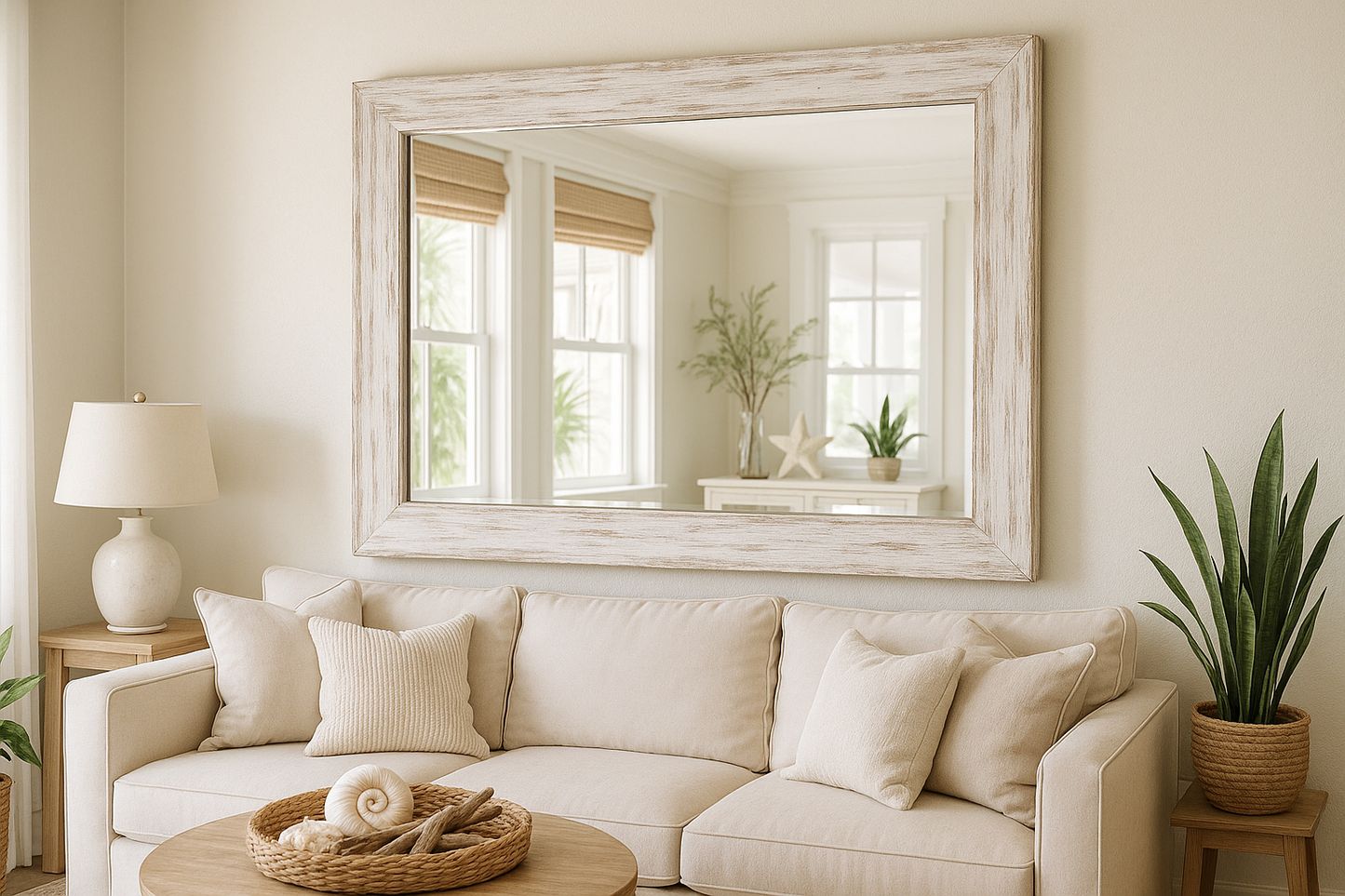 mirror with beachy white frame in living room