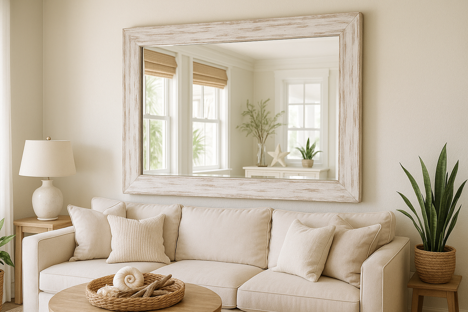 mirror with beachy white frame in living room
