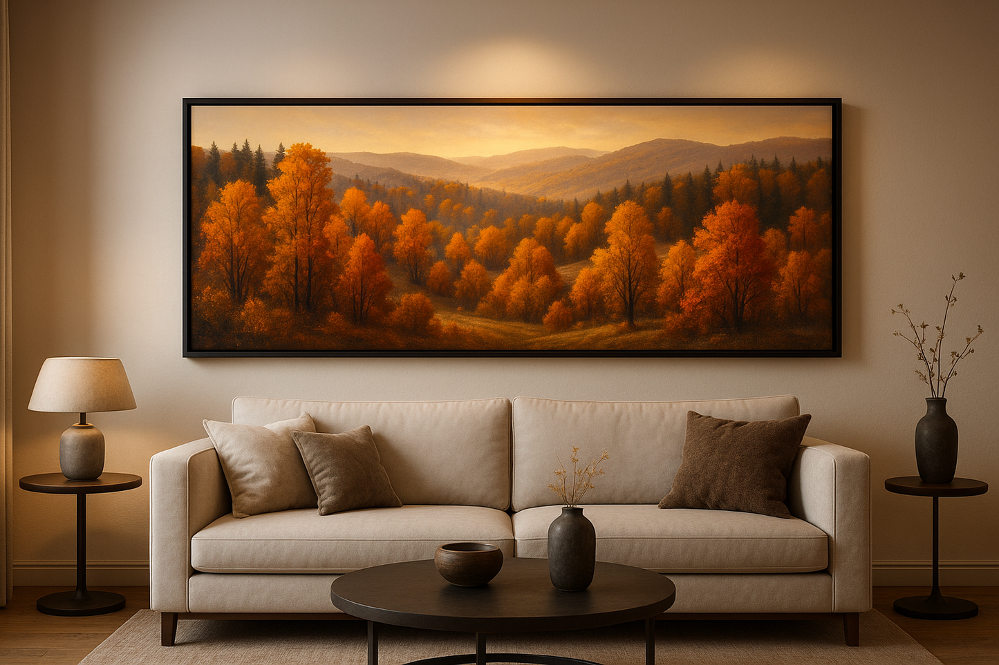 panoramic canvas in box frame of autumn scene on wall in living room