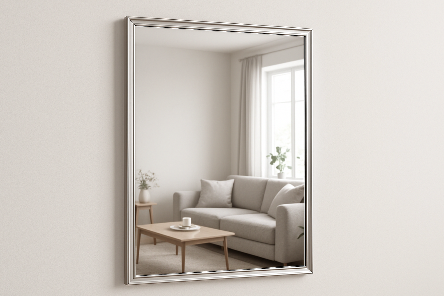 plain thin silver framed mirror in living room