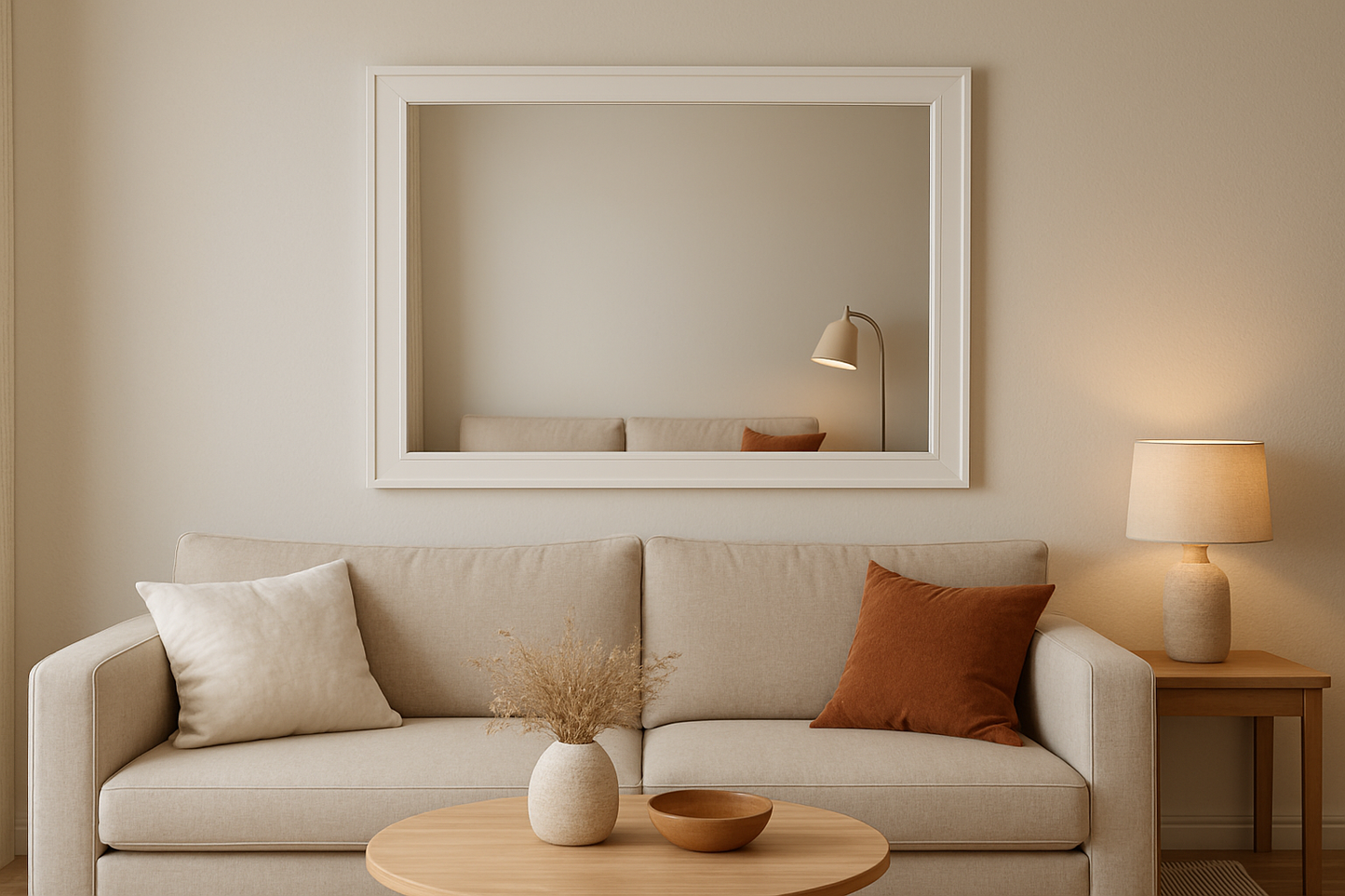 plain white framed mirrow in room with lounge