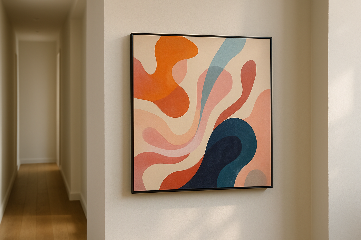 square canvas print on hallway wall