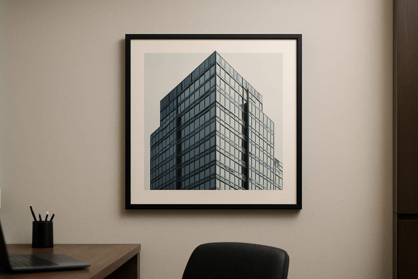 square plain black framed print of city building on office wall