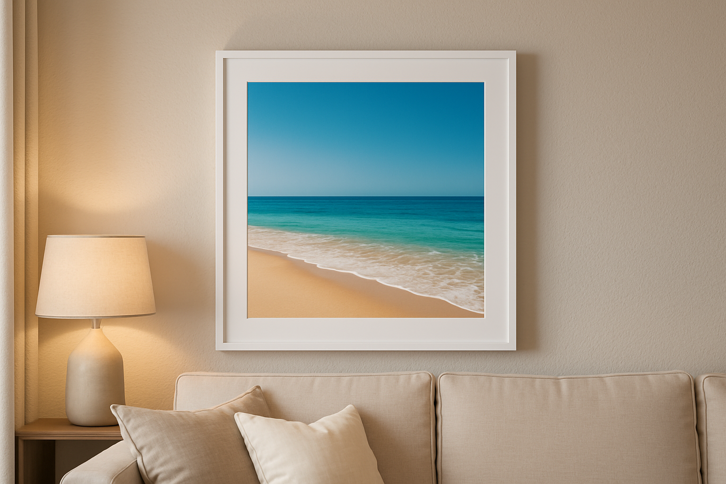 square white framed print of beach in living room