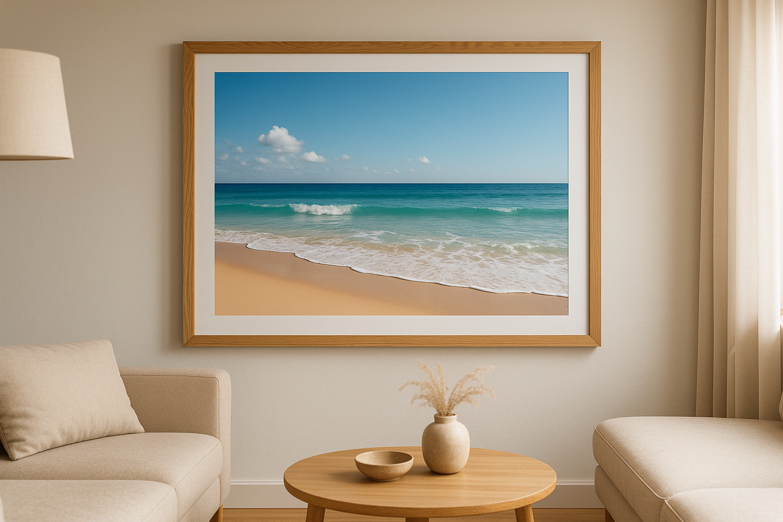 A0 print of beach framed in oak in living room