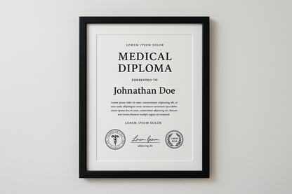 framed a4 certificate in plain black frame on wall of doctors surgery
