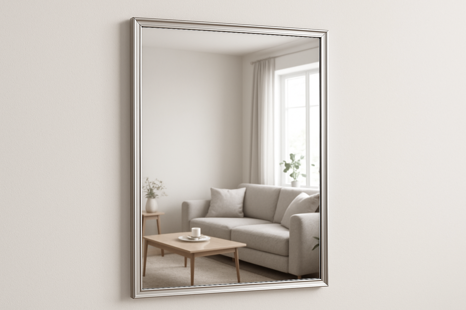plain thin silver framed mirror in living room