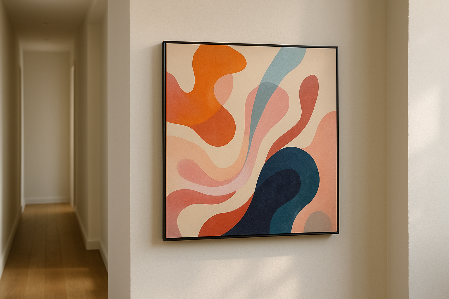 square canvas print on hallway wall