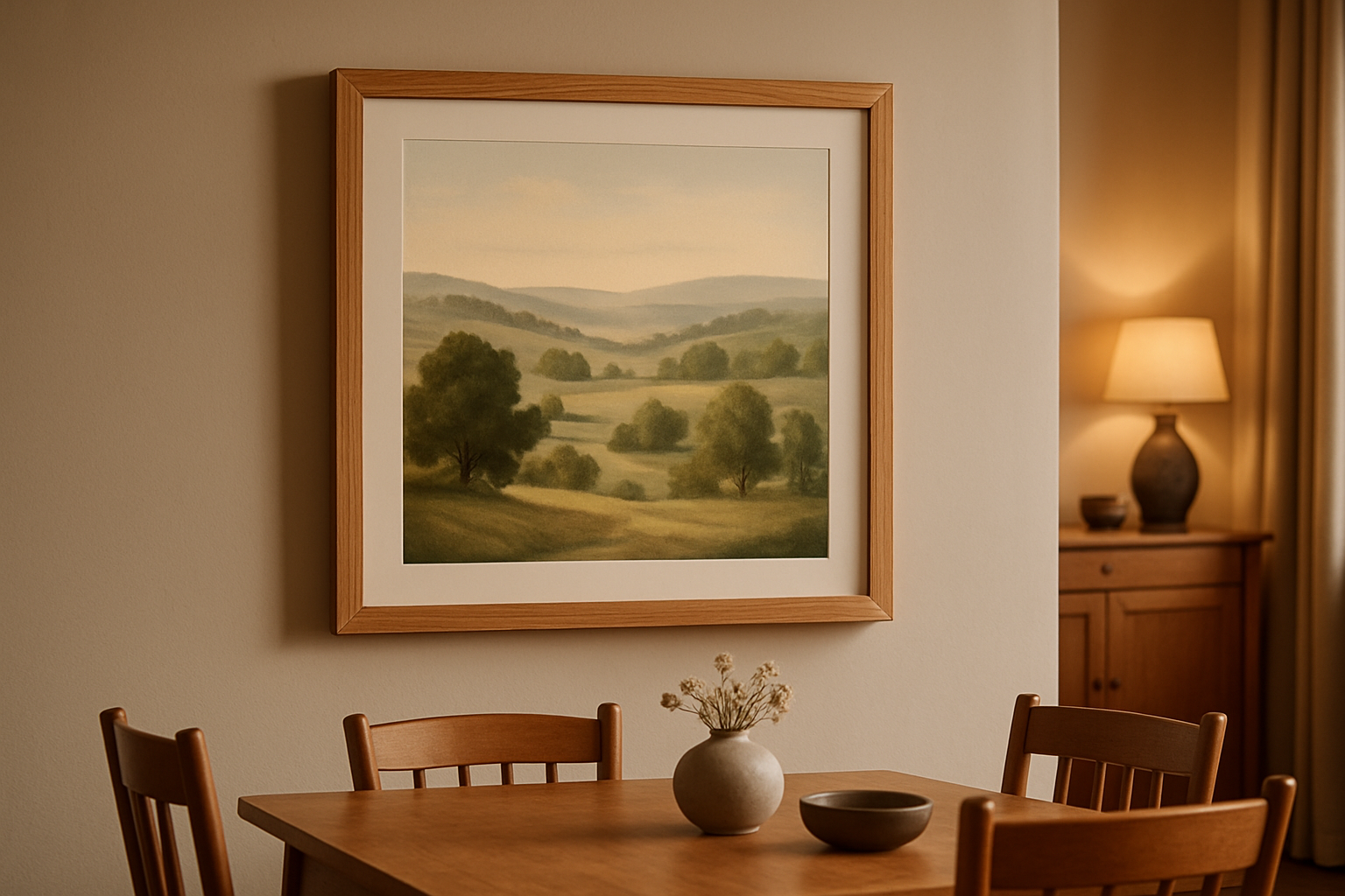 square landscpre print in plain oak frame in dining room