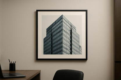 square plain black framed print of city building on office wall